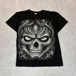 Keya Mens Black Skull Graphic T-Shirt Silver Oversized Print Biker Gothic M